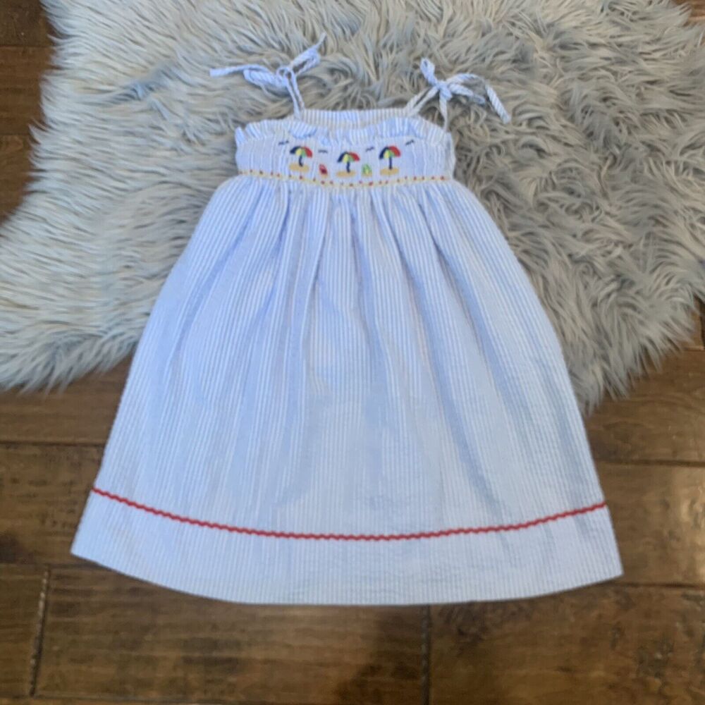 Smocked Blessings Dress Girls Size 2T Blue White Stripe A line Seersucker Beach